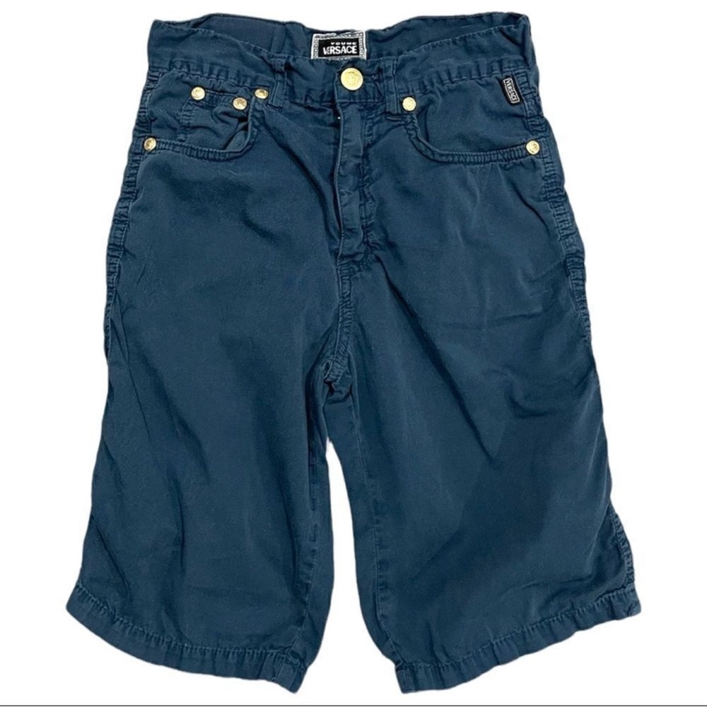 Versace Young Boys Navy Cotton Shorts Gold Medusa Button Size 12